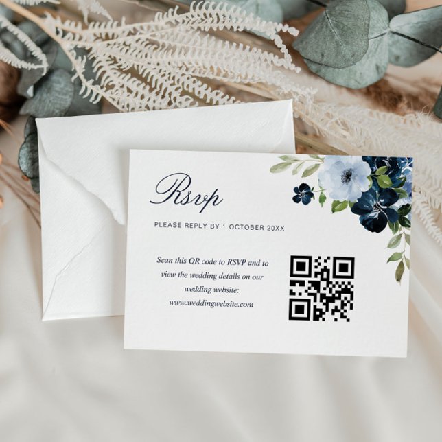 navy light blue floral wedding QR code rsvp card (Creator Uploaded)