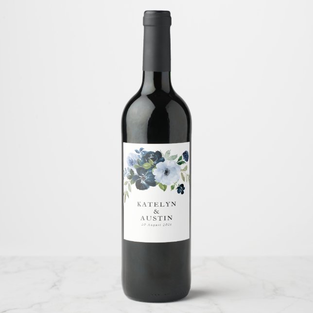 navy & light blue floral wedding wine label (Front)