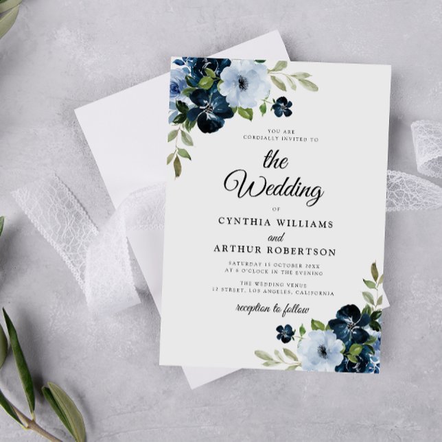 Navy light blue flowers script wedding  invitation (Creator Uploaded)