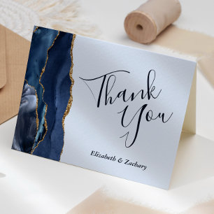 Navy Light Blue Gold Agate Wedding Thank You Card
