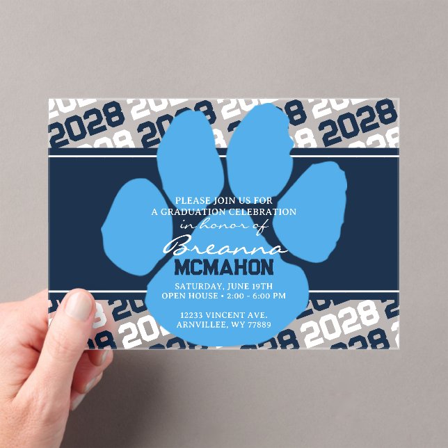 Navy & Light Blue Graduation Pawprint Frosted Acrylic Invitations (Insitu (Handheld))
