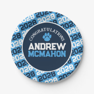 Navy, Light Blue & White Graduation Paw Print Paper Plate