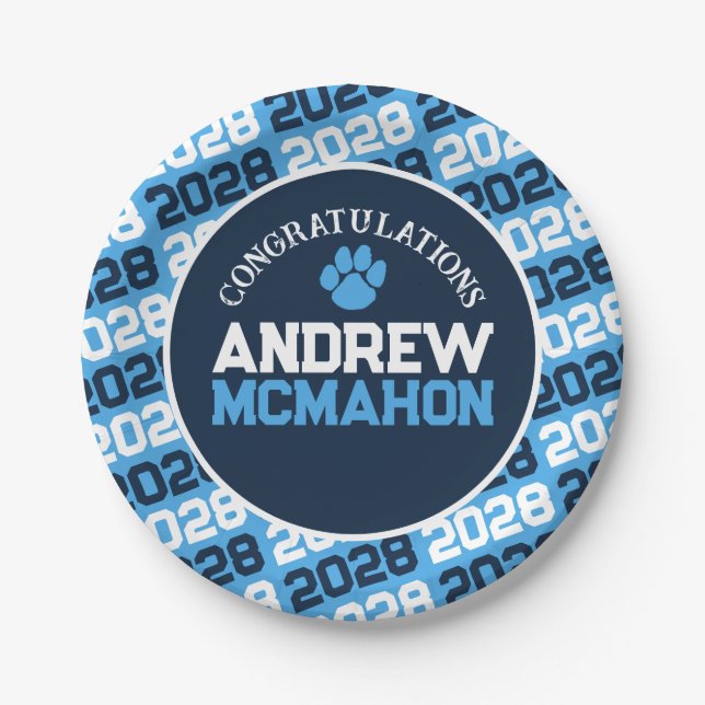 Navy, Light Blue & White Graduation Paw Print Paper Plate (Front)