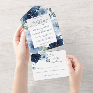 Navy & Light Dusty Blue Flowers Wedding RSVP All In One Invitation
