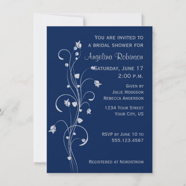 Navy Light Grey Floral Design Bridal Shower Invite (Front)