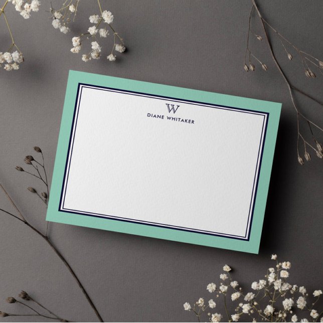 NAVY & LIGHT TEAL Classic Monogram Double Frame Card (Creator Uploaded)