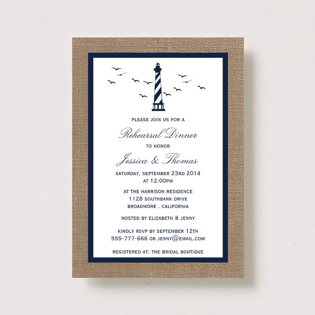 Navy Lighthouse & Burlap Nautical Rehearsal Dinner Invitation (Creator Uploaded)