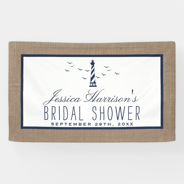 Navy Lighthouse On Burlap Nautical Bridal Shower Banner (Horizontal)