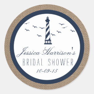 Navy Lighthouse On Burlap Nautical Bridal Shower Classic Round Sticker