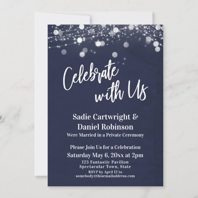 Navy & Lights Textured Celebrate with Us Reception Invitation (Front)