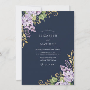 Navy Lilac Botanical Bloom Wedding Invitation