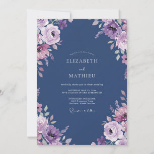 Navy Lilac Floral Watercolor Wedding Invitation
