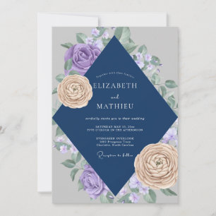Navy Lilac Rose Wedding Invitation