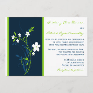 Navy, Lime, White Floral Wedding Invitation