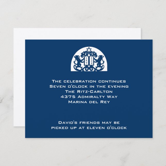 Navy Lions on Silver Paper Bar Mitzvah Reception Invitation (Front/Back)