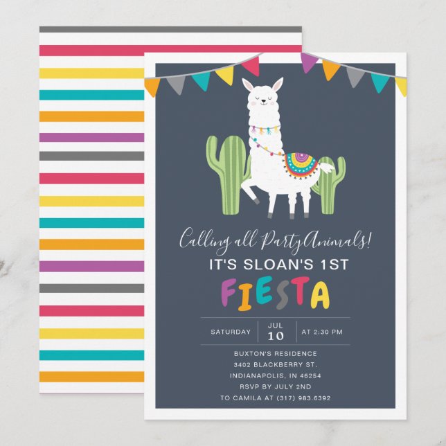 Navy Llama Fiesta Birthday Party Invitation (Front/Back)