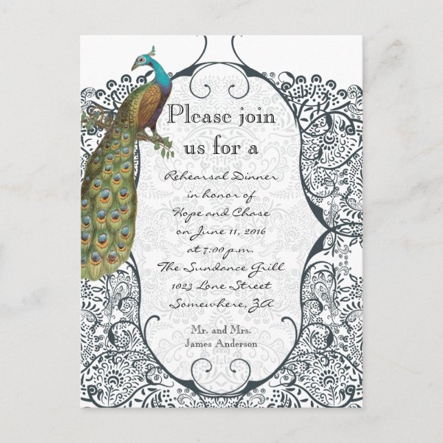 Navy Love Bird Damask Rehearsal Dinner Invitations (Front)