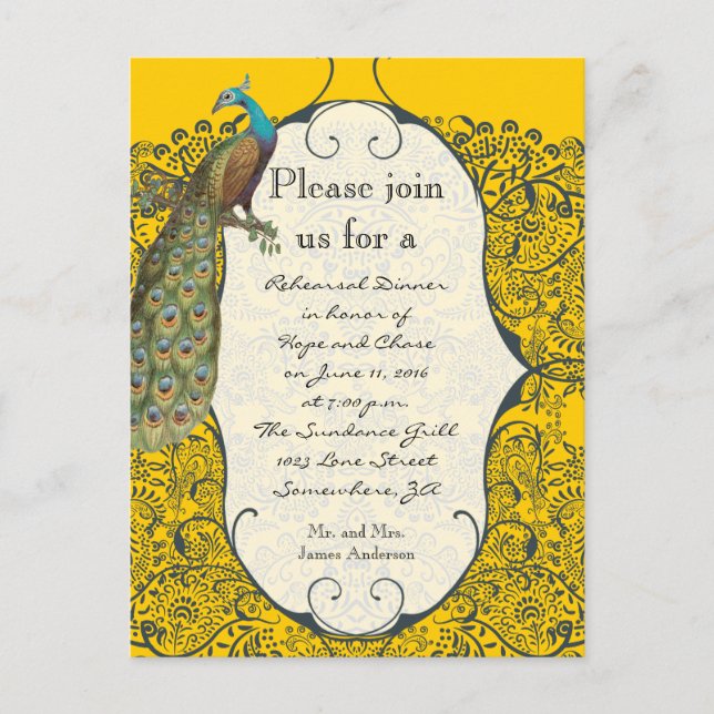 Navy Love Bird Damask Rehearsal Dinner Invitations (Front)