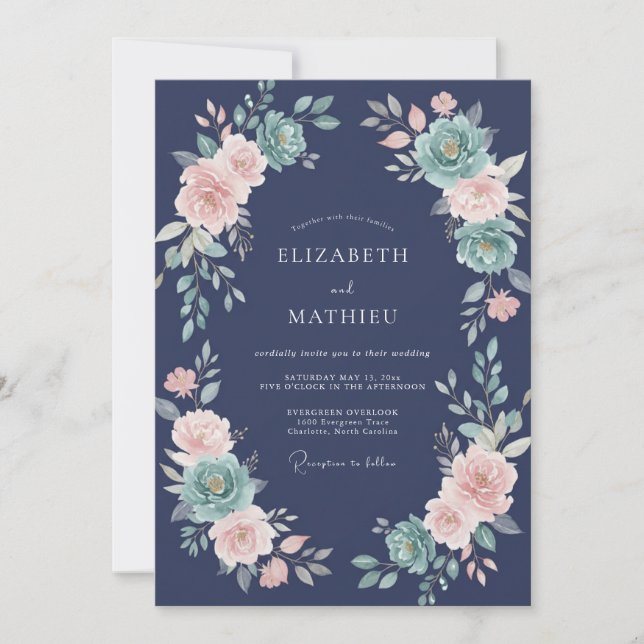 Navy Lush Floral Wedding Invitation (Front)