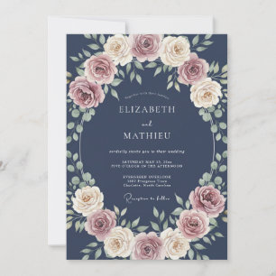 Navy Lush Rose Wedding Invitation