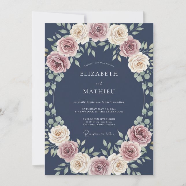 Navy Lush Rose Wedding Invitation (Front)