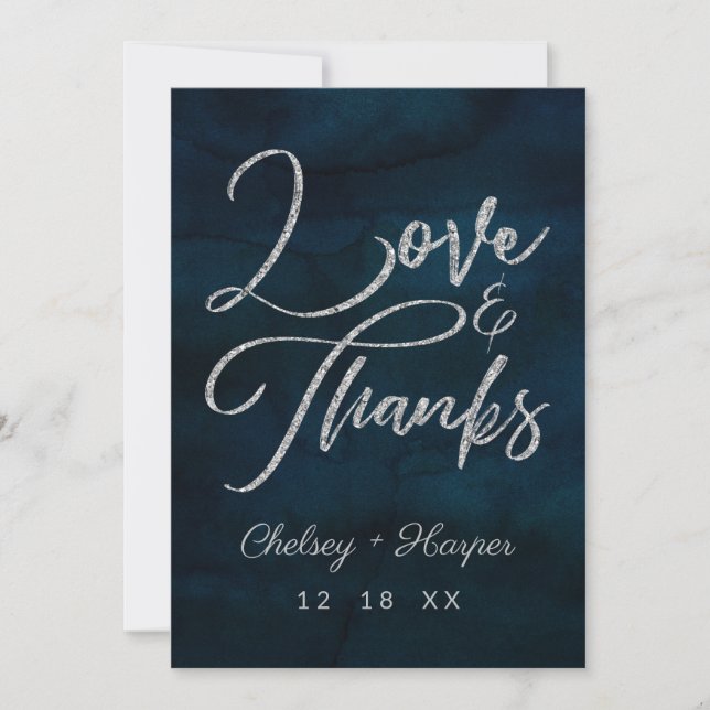 Navy Lustre Blue Silver Wedding Love and Thanks Thank You Card (Front)