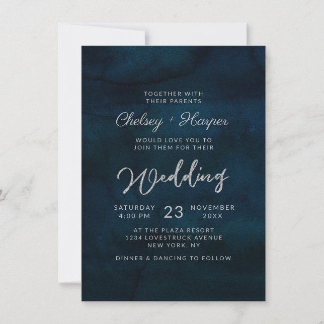 Navy Lustre Dark Blue Minimal Monogram Wedding Invitation (Front)