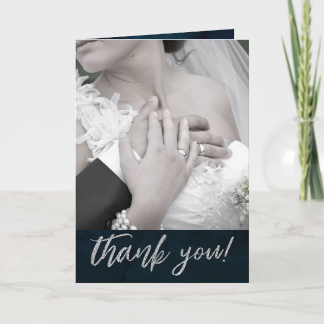 Navy Lustre Dark Blue Silver Custom Wedding Photo Thank You Card (Front)