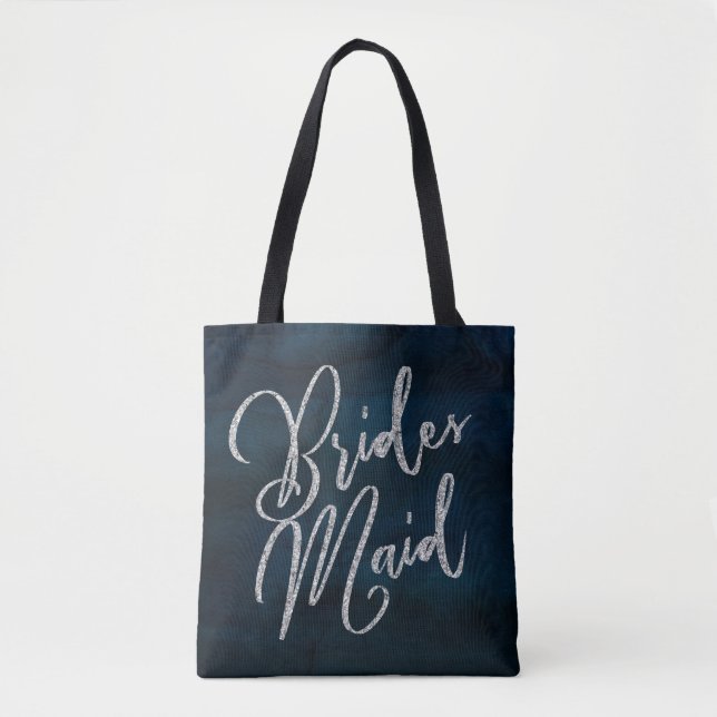 Navy Lustre Dark Blue Silver Monogram Bridesmaid Tote Bag (Front)