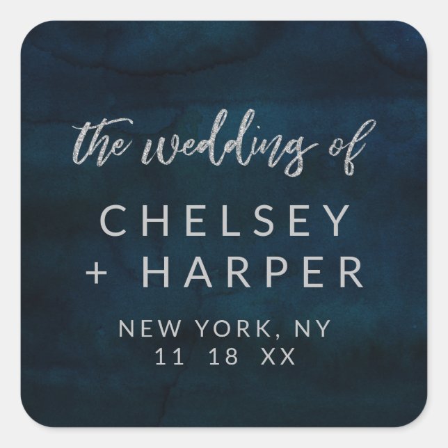 Navy Lustre Dark Blue Silver Monogram Wedding Square Sticker (Front)