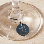 Navy Lustre Dark Blue Silver Personalised Mr. Wine Charm<br><div class="desc">Navy Lustre Dark Blue Watercolor Design,  with Silver Sparkle Typography,  and beautiful watercolour background texture. With Modern Chic Script Fonts. A trendy & Luxurious style - Personalised Mr. Monogrammed Wine Glass Charm!

 ~ Check my shop to see the entire wedding suite for this design!</div>
