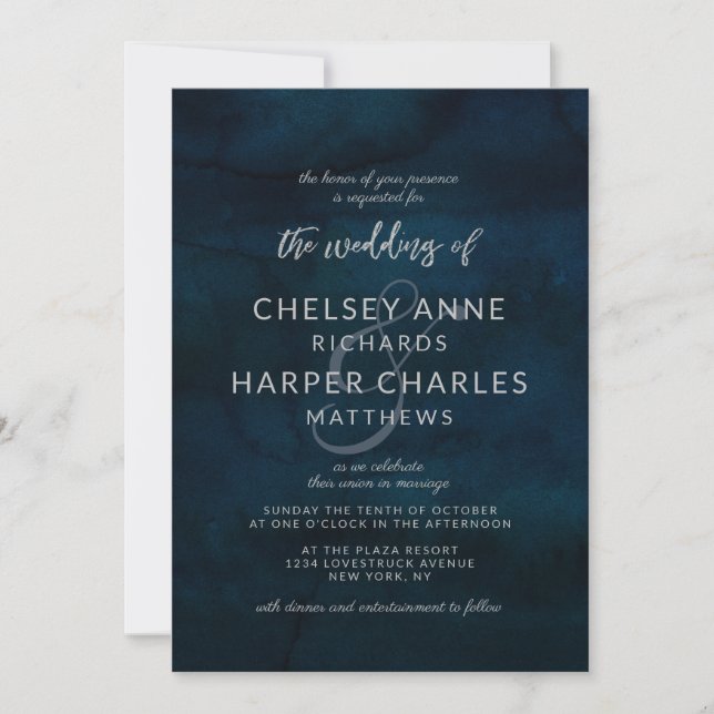 Navy Lustre Dark Blue Silver Simple Modern Wedding Invitation (Front)