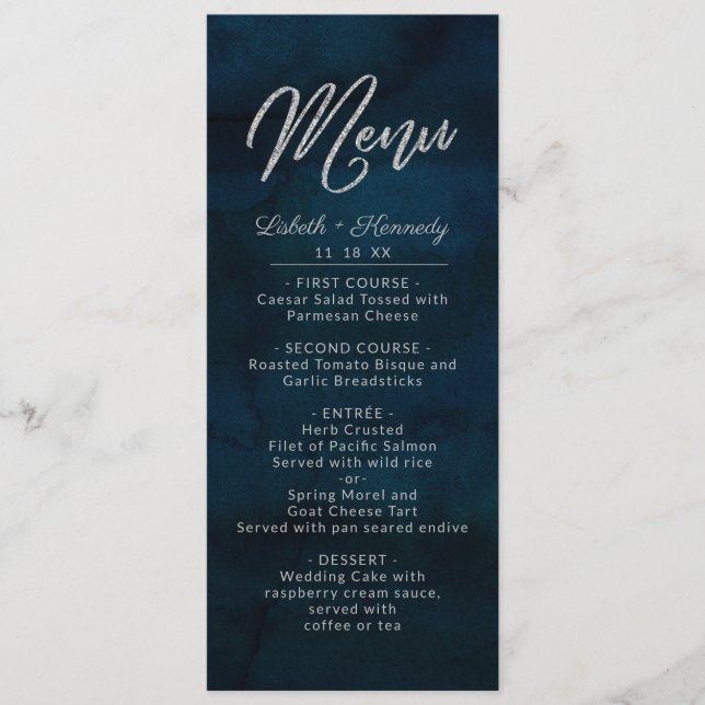 Navy Lustre Dark Blue Silver Watercolor Dinner Menu (Front)