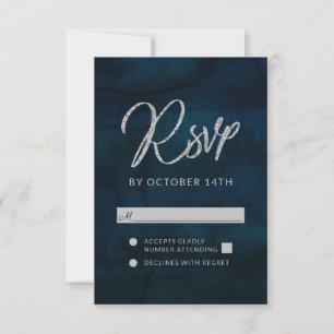 Navy Lustre Dark Blue Silver Wedding RSVP Reply Card