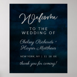 Navy Lustre Dark Blue Silver Wedding Welcome Sign
