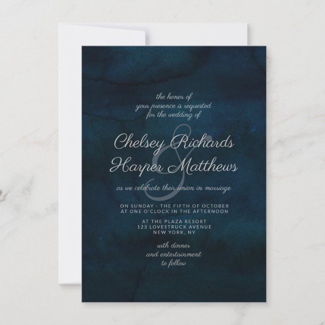 Navy Lustre Dark Blue Watercolor Elegant Wedding Invitation (Front)