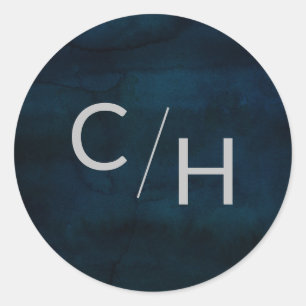 Navy Lustre Dark Blue Watercolor Monogram Wedding Classic Round Sticker