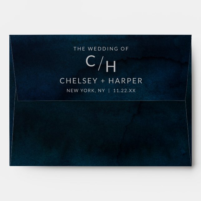 Navy Lustre Dark Blue Watercolor Monogram Wedding Envelope (Back (Top Flap))