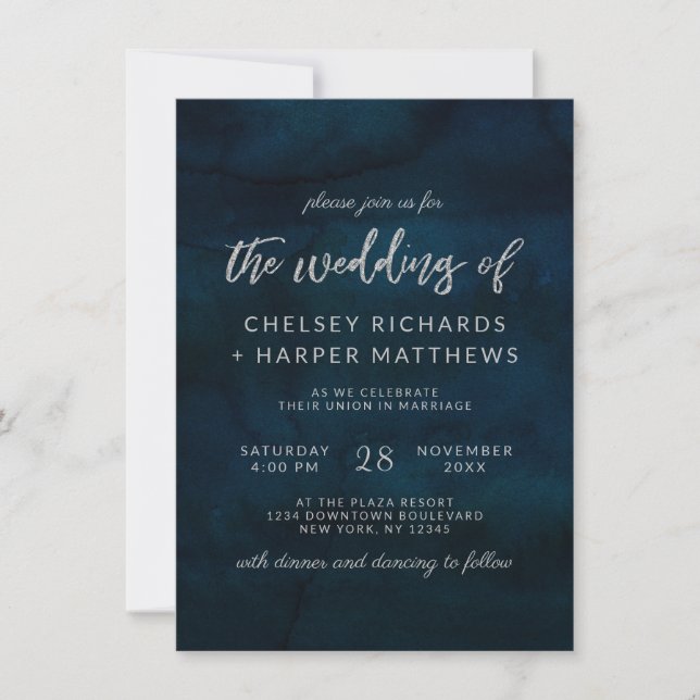 Navy Lustre Dark Blue Watercolor Silver Wedding Invitation (Front)