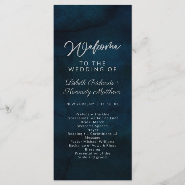 Navy Lustre Dark Blue Watercolor Wedding Ceremony Programme (Front)