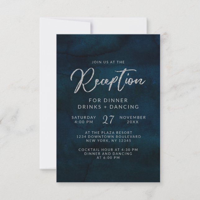 Navy Lustre Dark Blue Watercolor Wedding Reception Invitation (Front)