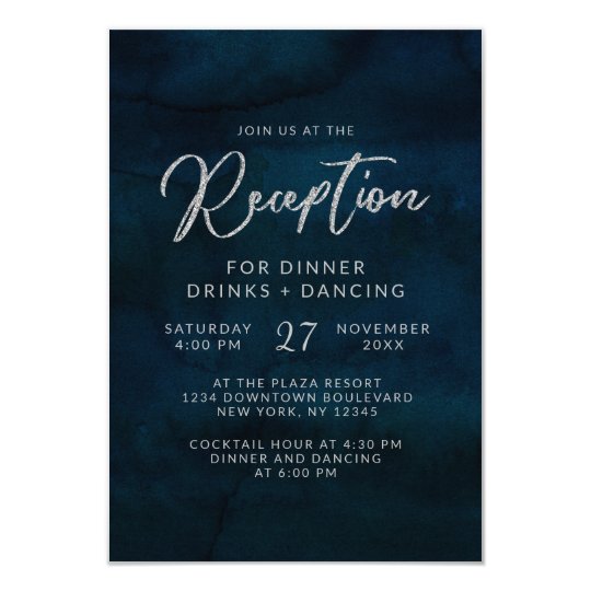 Navy Lustre Dark Blue Watercolor Wedding Reception Invitation