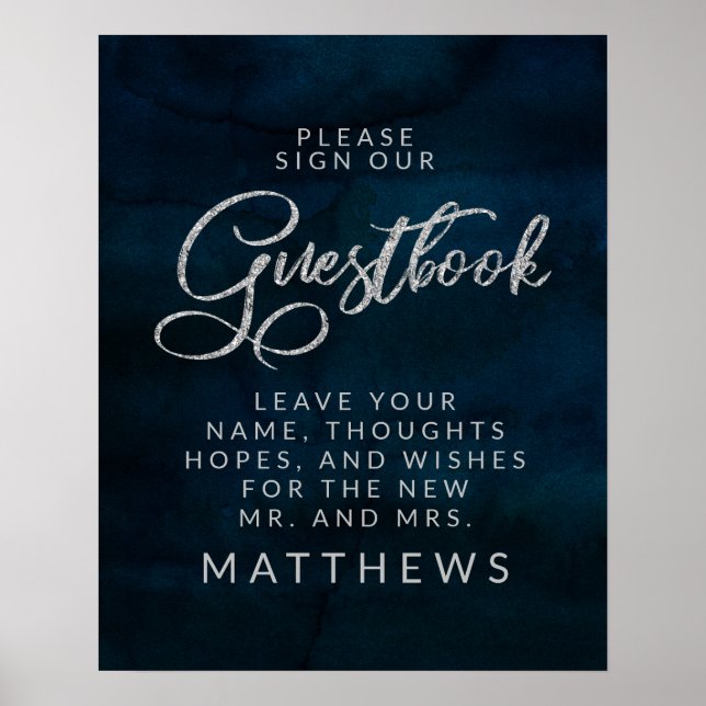 Navy Lustre Silver Blue Monogram Guestbook Sign (Front)