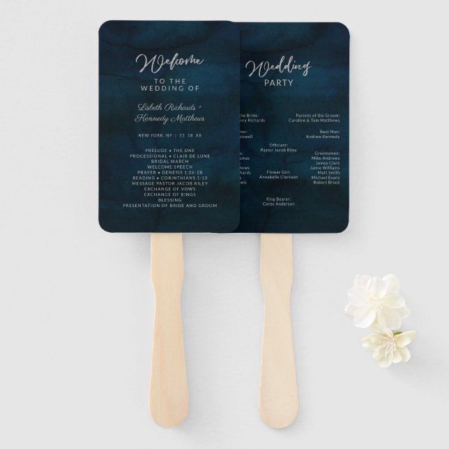 Navy Lustre Silver Blue Wedding Ceremony Program Hand Fan (Front and Back)