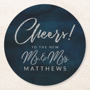 Navy Lustre Silver Cheers to the new Mr. & Mrs. Round Paper Coaster