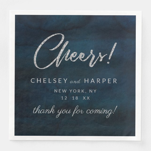 Navy Lustre Silver Cheers Wedding Monogram Dinner Napkin (Front)