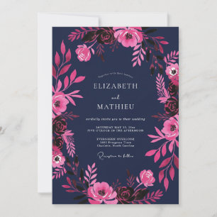 Navy Magenta Floral Watercolor Romance Wedding Invitation