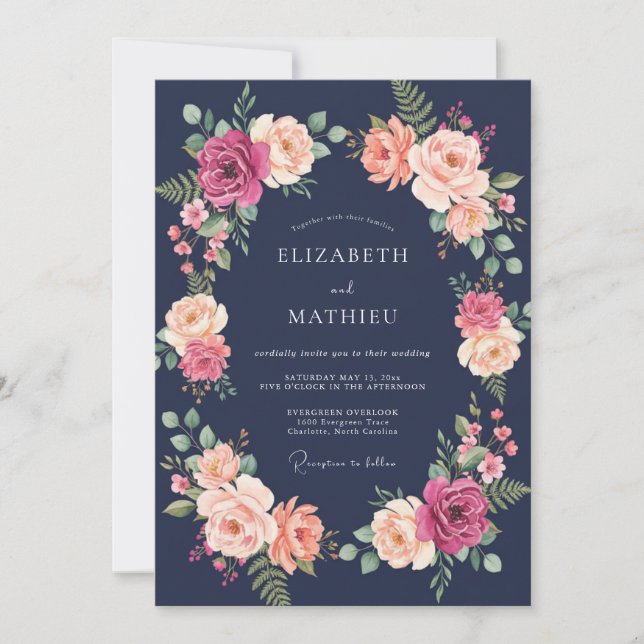 Navy Magenta Lush Botanical Wedding Invitation (Front)