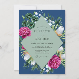 Navy Magenta Peony Wedding Invitation