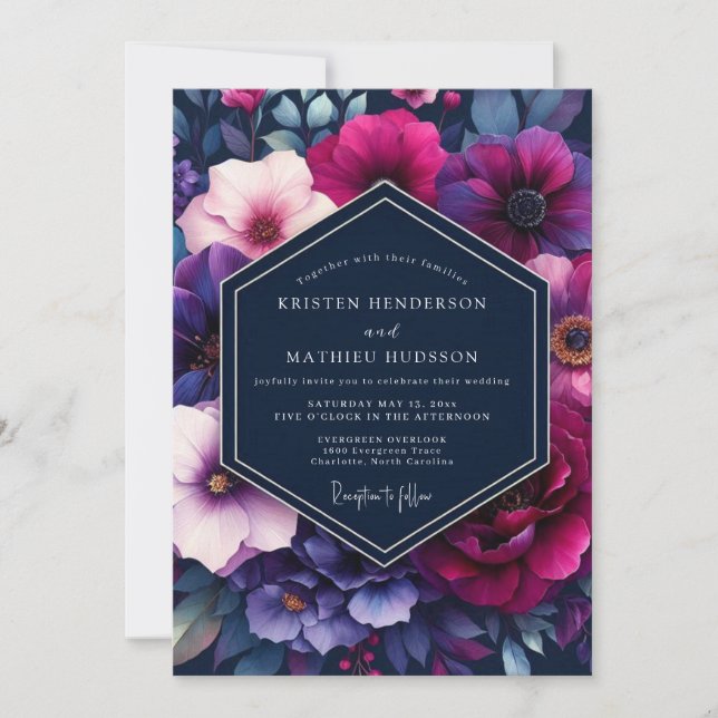 Navy & Magenta Vibrant Floral Wedding Invitation (Front)